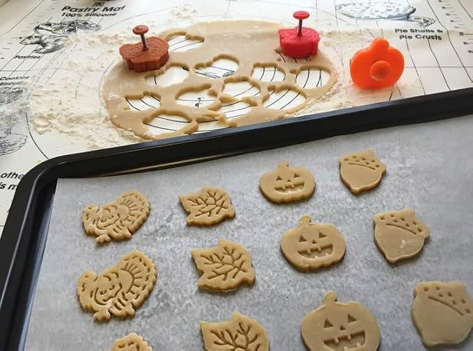 R&M Autumn Theme Pastry & Cookie Stamper set of 4. Assorted Designs & Colors, Turkey, Acorn, Pumpkin, Oak leaf. 2 Inch Assorted Color Cookie Cutters