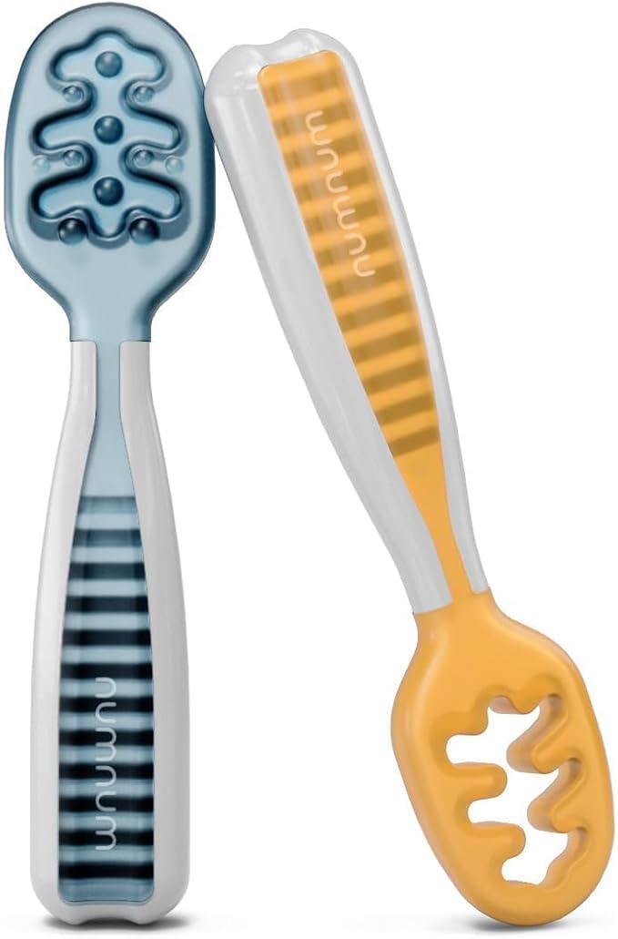 NumNum Baby Spoons Set, Baby Essentials Pre-Spoon GOOtensils for 6+ Months, First Stage Self-Feeding Spoons for Baby Led Weaning (BLW), Silicone Toddler Utensils, BPA-Free, 2 Pack Blue/Orange by NumNum