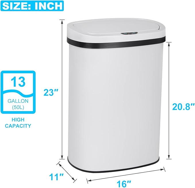 Bigacc 13 Gallon Touch Free Automatic Stainless Steel Trash Can Garbage Can Metal Trash Bin with Lid for Kitchen Living Room Office Bathroom, Electronic Motion Sensor Automatic Trash Can - White - Image 2