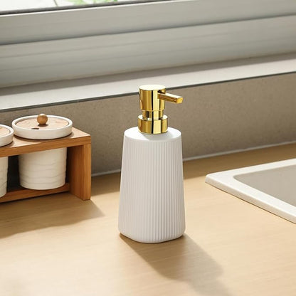 Small Soap Dispenser for Bathroom and Kitchen, Modern Farmhouse Striped Style Plastic Hand Soap Dish Soap Dispenser with Pump Matte White and Gold - Image 5