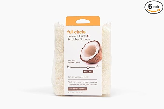Full Circle Coconut Scrubber Sponges, Pack of 6 – Dual-Sided, Plant-Based Sponges Made with Coconut Shells, Cellulose & Recycled Materials, Safe for Nonstick Cookware by FULLCIRCLE