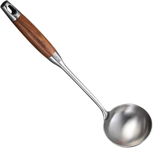 Soup Ladle,304 Stainless Steel Cooking Ladle Spoon Wok Tools with Long Wooden Handle Heat Resistant,Silver/14.6Inch by GXONEHomeKitchen