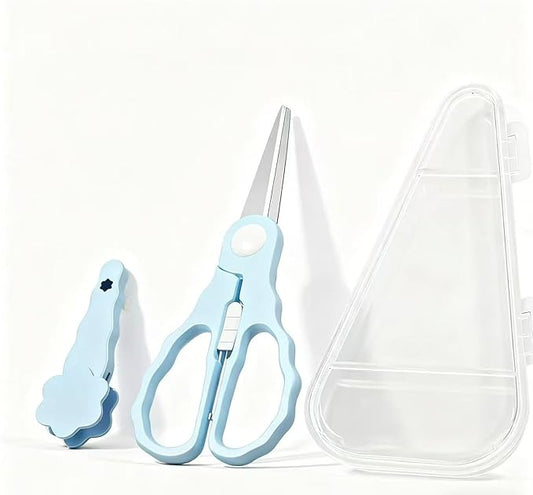 Baby Food Scissors with Travel Case, Portable Stainless Steel Shears with Safety Lock, Dishwasher Safe, Kitchen Scissors, Healthy Food Cutter with Dust Cover, Blue
