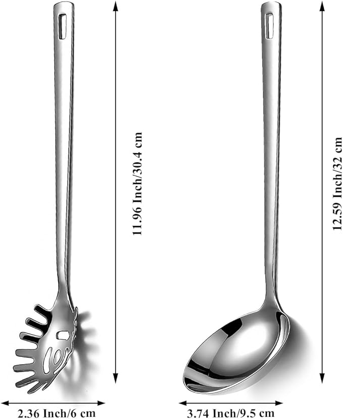 Berglander Kitchen Ladle Spoon and Spaghetti Spoon Set 2 pieces, Pasta Spoon Stainless Steel Kitchen Utensils for Cooking, Stirring, Serving Spaghetti, Soup, Sauce, Dishwasher Safe - Image 2