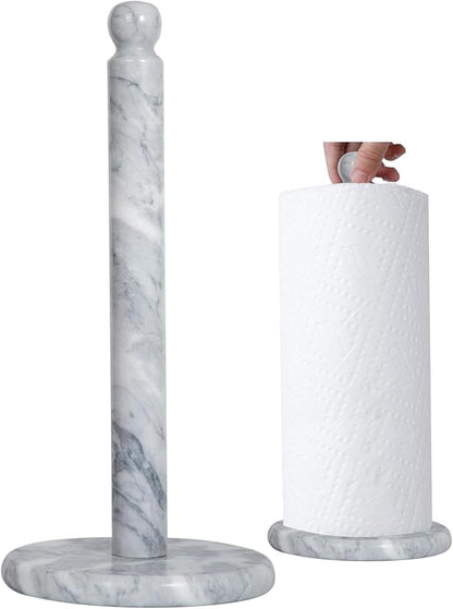 Natural Marble Paper Towel Holder for Kitchen Countertop - 2.6 lbs (1.2kg) Heavy Duty Weighted Base for One-Handed Tearing - Fits Jumbo Rolls - Elegant Modern Design with Ball Top - White & Grey