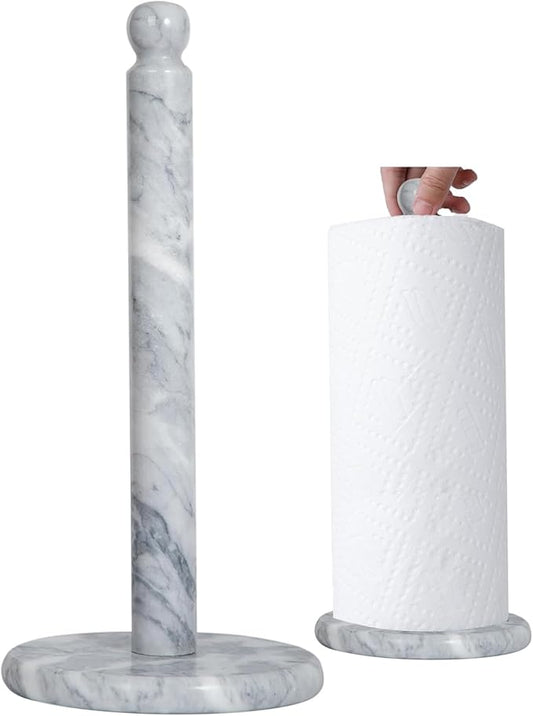 Natural Marble Paper Towel Holder for Kitchen Countertop - 2.6 lbs (1.2kg) Heavy Duty Weighted Base for One-Handed Tearing - Fits Jumbo Rolls - Elegant Modern Design with Ball Top - White & Grey