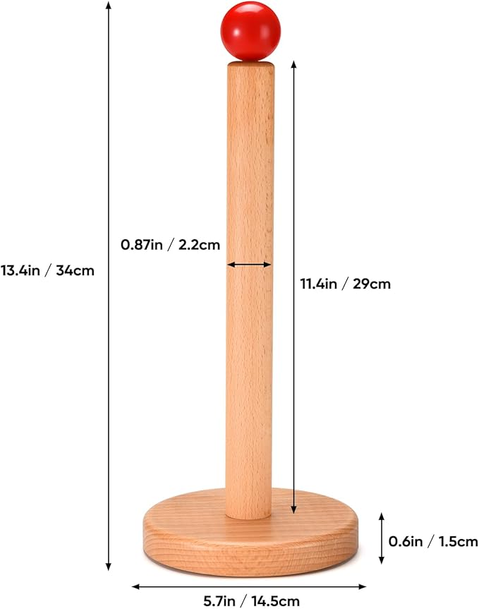 Paper Towel Holder, Wooden Kitchen Roll Stand (Red Ball)