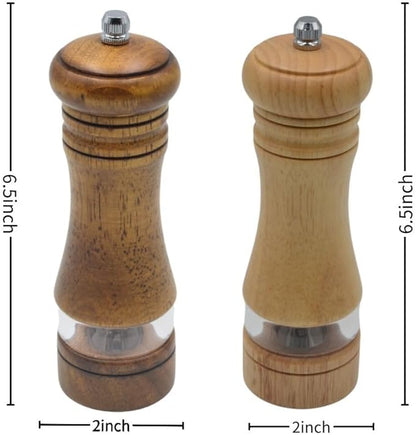 Classic Salt and Pepper Grinder Set,Refillable Salt and Pepper Mills,Manual Oak Wood Salt Grinder,Pepper Grinder,Visible Adjustable Ceramic Grinding Rotor,2 Packs set, 6.5 inch Each