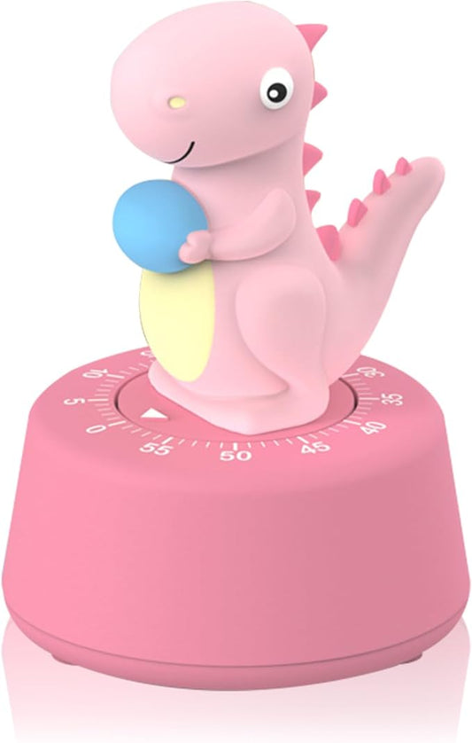 ELE DEPI 60 Minutes Mechanical Kitchen Timer,Cute Dinosaur Timer for Kids,Wind Up Egg Timer for Cooking,Reading,Classroom and Do Sports. (Pink)