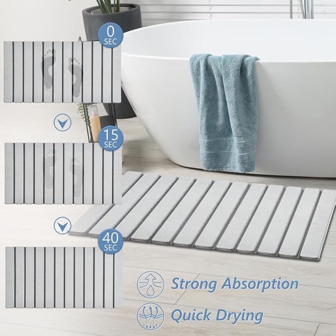 AWW Foldable Stone Bath Mat, Quick Dry Diatomaceous Earth Bath Mat with Non-Slip Mat, Super Absorbent, Easy to Clean, Compact for Small Bathrooms, 31.5 x 15.7, Light Grey - Image 2
