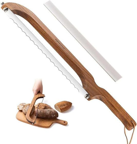 Sourdough bread knife,Bread slicer for homemade bread,Adjustable blade tightness for Even Slicing, Serrated knife,Wooden bread cutter with Bow Design (1, brown)