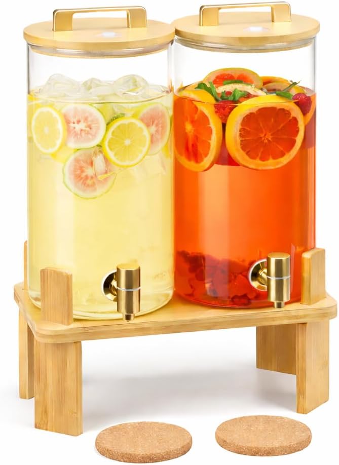 1.5 Gallon 2PCS Glass Drink Dispenser for Parties,Beverage Dispenser with Wooden Stand, Lemonade Dispenser,Juice Containers & Water Pitcher with Lid for Lemonade, Iced Tea and Party Drinks by MIWUYI