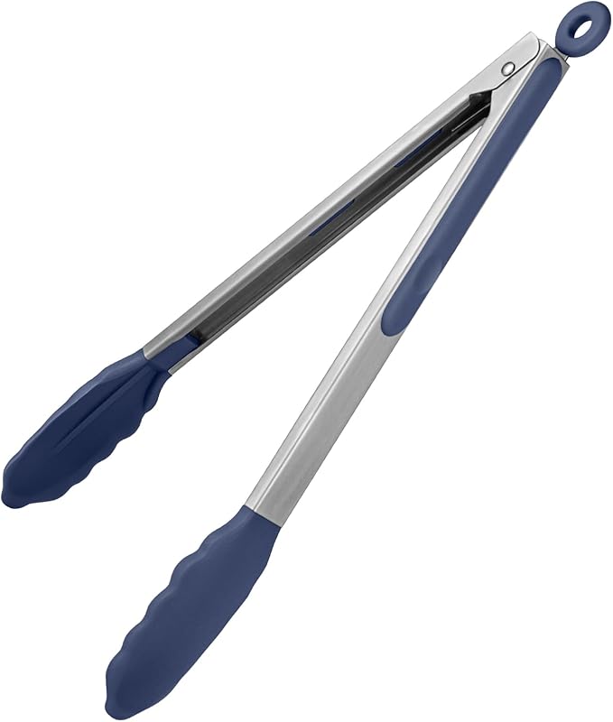 600ºF Heat Resistant Kitchen Tongs: U-Taste 12 inch Large Silicone Cooking Tong with Non Stick Rubber Tips & Silicon Coated 18/8 Stainless Steel Handle & Smooth Lock for Serving Grill (Midnight Blue) by U-Taste