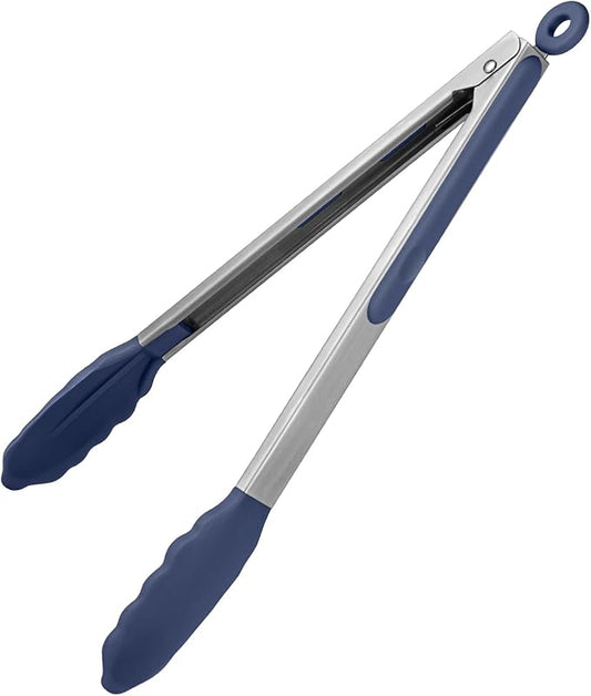 600ºF Heat Resistant Kitchen Tongs: U-Taste 12 inch Large Silicone Cooking Tong with Non Stick Rubber Tips & Silicon Coated 18/8 Stainless Steel Handle & Smooth Lock for Serving Grill (Midnight Blue) by U-Taste
