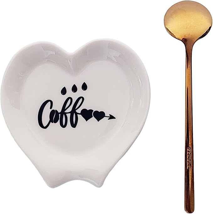 Heart-shaped Coffee Spoon Rest, Mini Coffee Spoon Holder, Coffee Stirrers, Teaspoon, Bar Spoon Rest, Coffee Bar Accessories (Ture white+Gold Spoon) by PFCTRJR