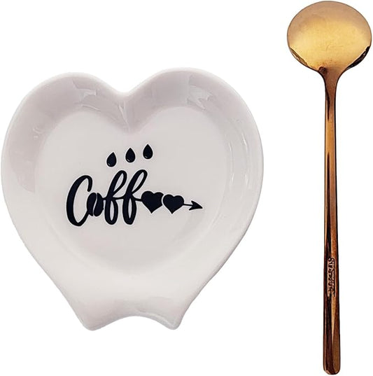 Heart-shaped Coffee Spoon Rest, Mini Coffee Spoon Holder, Coffee Stirrers, Teaspoon, Bar Spoon Rest, Coffee Bar Accessories (Ture white+Gold Spoon) by PFCTRJR