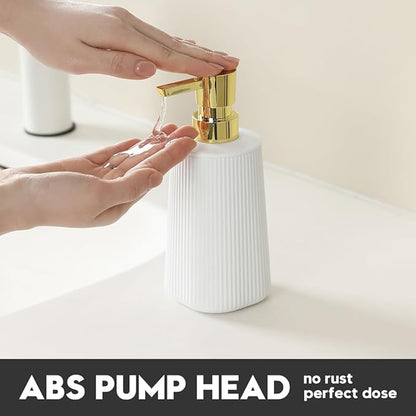 Small Soap Dispenser for Bathroom and Kitchen, Modern Farmhouse Striped Style Plastic Hand Soap Dish Soap Dispenser with Pump Matte White and Gold - Image 4