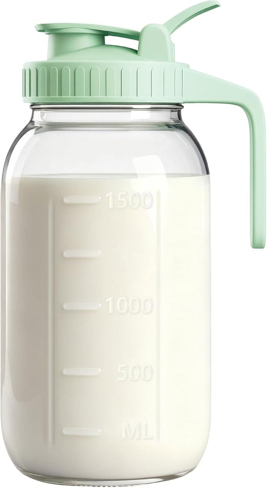 64oz Glass Breast Milk Pitcher with Lid & Pour Spout, 2 Quart Airtight Leakproof BreastMilk Fridge Storage Container - Wide Mouth, Dishwasher Safe Formula Pitcher with Handle by VA1KENE