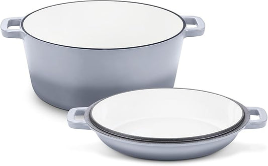 TeamFar 5 Quart Enameled Cast Iron Dutch Oven, 2-In-1 Dutch Oven Pot Cookware with Skillet Lid for Bread Baking Braising Stewing Roasting, Sturdy & Nonstick, Oven Safe & Fit for Induction (Grey) by TeamFar