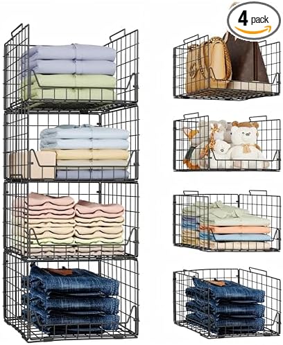 Jakyitvi Stackable Closet Organizers and Storage Bins 4 Pack, Sturdy Metal Clothes Storage Container for Clothes Pants Sweaters, Black Folded Drawer Shelf Organizer for Closet Wardrobe