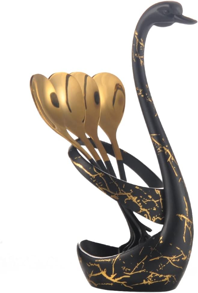 AnSaw Small Coffee Spoon Holder Set,Black Swan Base With 10 Pcs Black & Gold Demitasse Espresso Spoons Set,4.7" Mini Leaf Dessert Spoon,Stainless Steel Tea Spoons - Image 7