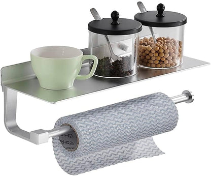 Paper Towel Holder Wall Mount - for Bathroom Hand Towel Holder with Shelf- Kitchen Towel Holder - Matter Silver