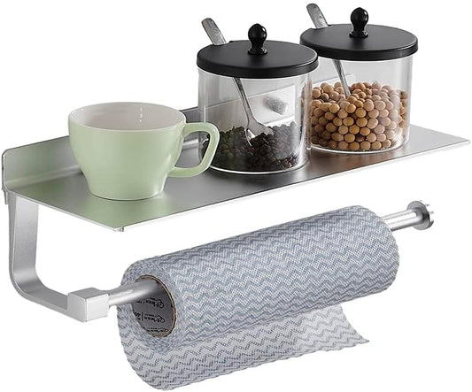Paper Towel Holder Wall Mount - for Bathroom Hand Towel Holder with Shelf- Kitchen Towel Holder - Matter Silver