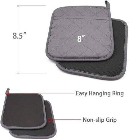 2Pcs Cotton and Neoprene Oven Pads Pot Holders with Pocket 8"x8.5" Dual-Function Hot Pad Set for Finger Hand Wrist Protection Heat Resistant to 428°F,Gray