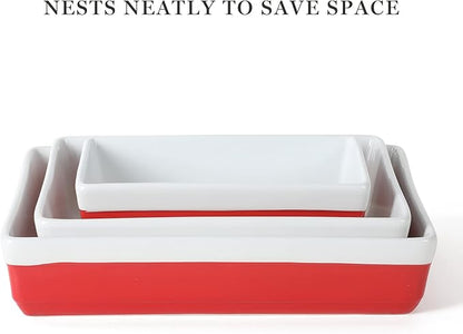 MARTHA STEWART 3-Piece Oven to Table Stoneware Bakeware Set – Baking Dish & Casserole Set – Red – Durable Oven-Safe Bakeware for Baking and Serving - Image 4