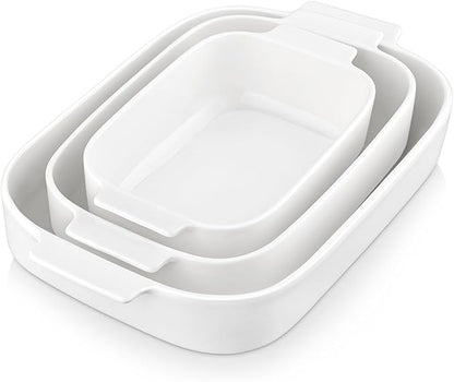 MALACASA Casserole Dishes for Oven, Ceramic Baking Dishes Set of 3, Rectangular Lasagna Pan Deep Baking Pans, Bakeware Sets with Handles Gift Set, White (13.8''/11.7''/9.4''), Series BAKE by MALACASA