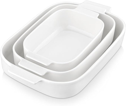 MALACASA Casserole Dishes for Oven, Ceramic Baking Dishes Set of 3, Rectangular Lasagna Pan Deep Baking Pans, Bakeware Sets with Handles Gift Set, White (13.8''/11.7''/9.4''), Series BAKE by MALACASA