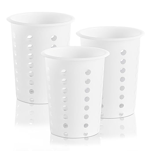 OCS Parts Perforated Utensil Drying Cups | White | Set of 3 | Plastic Flatware Holder Cylinders for Kitchen Counter Organization by OCSParts