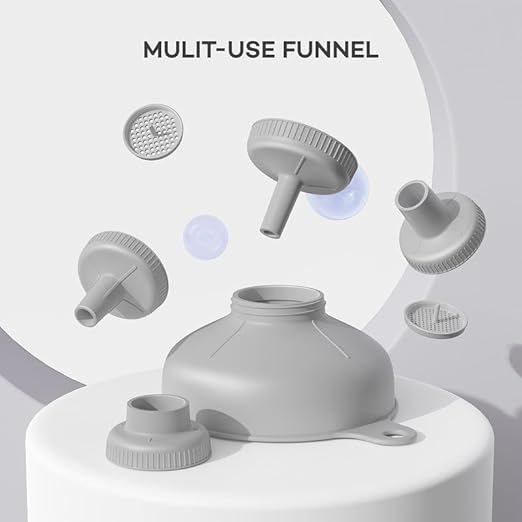 Pisol Wide Mouth Versatile Funnel, Canning Funnels for Kitchen Use, Food Grade Plastic Cooking Funnel Set with 4 Size Spouts and 2 Strainers for Filling Different Bottles and Bags, Grey - Image 3