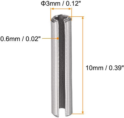 uxcell Slotted Spring Pin - M3 x 10mm 304 Stainless Steel Split Spring Roll Dowel Pins Plain Finish 20Pcs