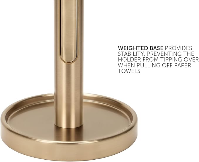 Ivilon Countertop Paper Towel Holder - Weighted Heavy Duty Steel Stand with Non-Slip Base for a Steady One-Handed One Sheet Tear - Fits All Rolls - Warm Gold - Image 4
