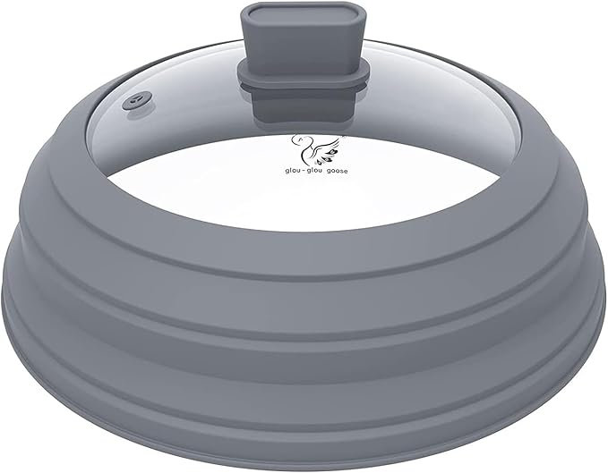 Microwave Splatter Cover Glass Cover Guard Lid with Collapsible Silicone for Food Pot Plate Cover 9.8 inch Light Grey by GGG-GLOU-GLOUGOOSE
