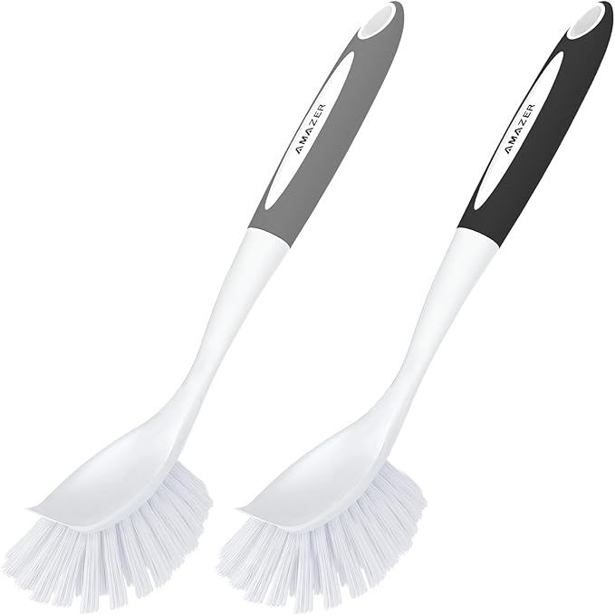 Amazer Dish Brush, 2 Pack Dish Scrubber with Handle, Kitchen Dishes Brushes, Scrub Brush with Stiff Bristles for Cleaning, Sink, Pots, Pans by Amazer
