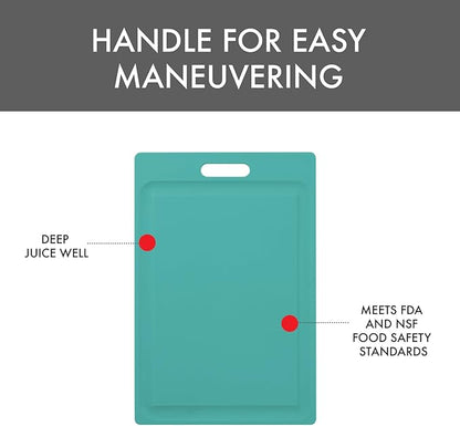 Dexas NSF Certified Polysafe Cutting Board with Handle and Juice Well, 12 x 18 inches, Reversible Kitchen Cutting Board, Teal Green