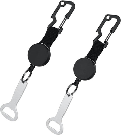 Maplefield Retractable Bottle Opener - Pack of 2, Silver & Black - Carabiner Clip & Bottle Opener Attachment for Cooler - Stainless Steel Construction - Retractable Wire Cord for Quick Access