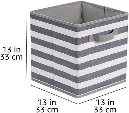 Amazon Basics Collapsible Fabric Storage Bins with Handles, Cube Organizer for Organizing, 13"x13"x13", White/Light Grey Stripe, 6-Pack - Image 5