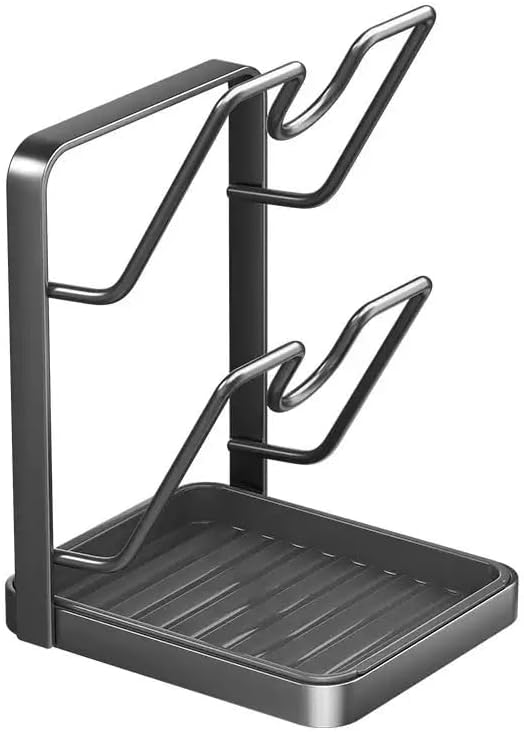Kitchen Pot Lid Storage Rack,Thickened Carbon Steel Material Pot Lid Holder While Cooking, Lid And Spoon Rest,Multifunctional Kitchen Pot Cover Organizer,With Removable Drip Tray.(Gray,Double)