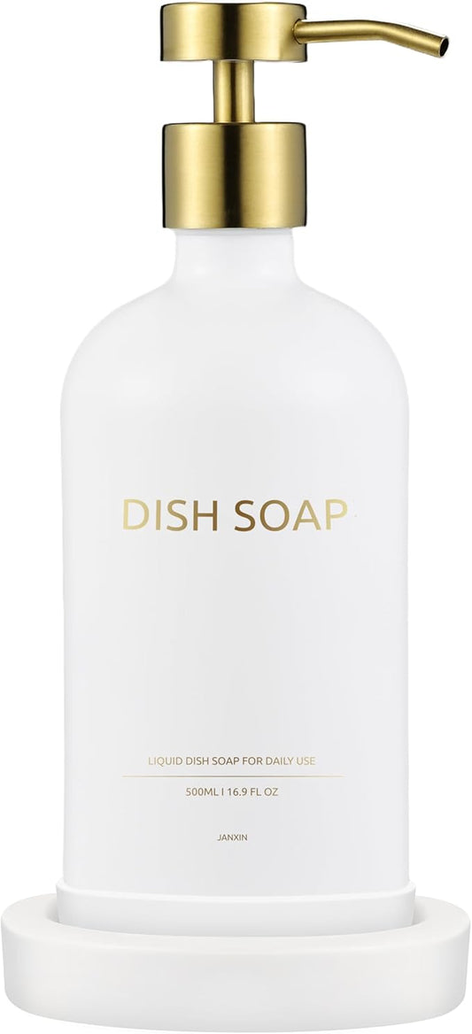 Glass Soap Dispenser Bathroom Set by Janxin, Foaming Kitchen soap Dispenser with Ceramic Tray for Dish Soap, Liquid Soap Dispenser for Hand Soap, Lotion, Body Wash (White+Gold)
