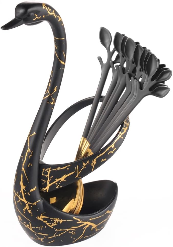 AnSaw Small Coffee Spoon Holder Set,Black Swan Base With 10 Pcs Black & Gold Demitasse Espresso Spoons Set,4.7" Mini Leaf Dessert Spoon,Stainless Steel Tea Spoons - Image 6
