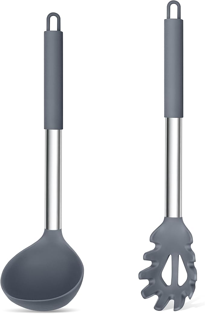TeamFar Silicone Kitchen Utensils, 2 Pcs Large Nonstick Soup Ladle and Pasta Fork for Cooking Mixing Serving Soup, Sauce, Spaghetti, Eggs, Non-Toxic & Heat-Proof, Dishwasher Safe, Light Grey by TeamFar