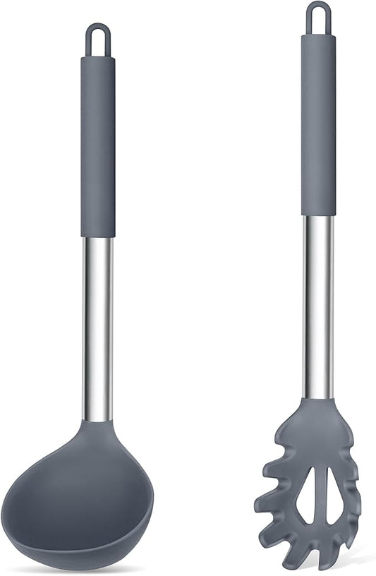 TeamFar Silicone Kitchen Utensils, 2 Pcs Large Nonstick Soup Ladle and Pasta Fork for Cooking Mixing Serving Soup, Sauce, Spaghetti, Eggs, Non-Toxic & Heat-Proof, Dishwasher Safe, Light Grey by TeamFar