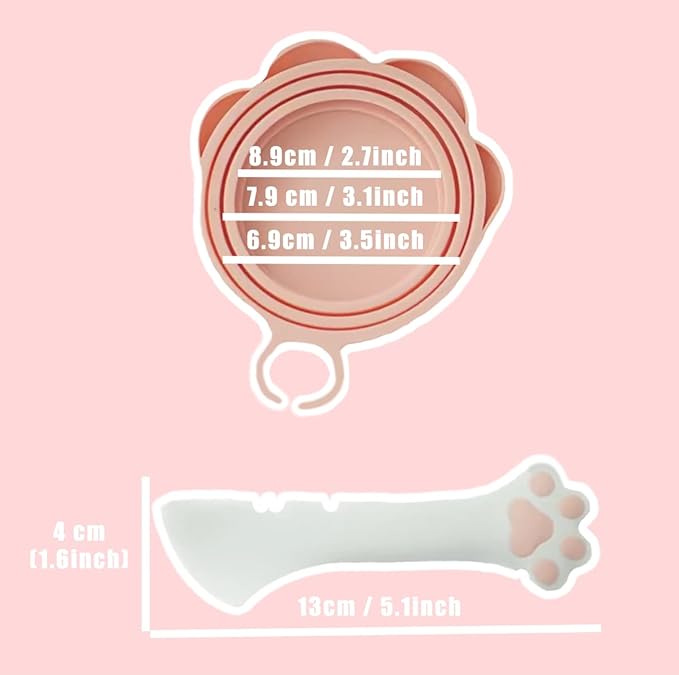 Meow&Woof Cute Cat Pet Can Food Cover with Spoon - One Lid and One Spoon Pack (White&Pink)