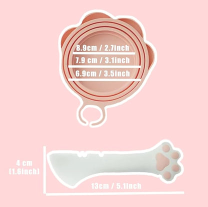 Meow&Woof Cute Cat Pet Can Food Cover with Spoon - One Lid and One Spoon Pack (White&Pink)