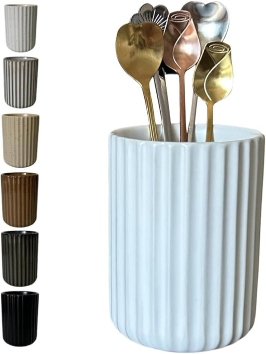 TOPYOKK Stoneware Coffee Bar Utensil Holder Tea & Coffee Spoon & Stirrer Holder for Stir Stick Straw Teaspoon Holder Spoon Cup Small Utensil Jar Fluted Vertical Stripe (Pure White) by TOPYOKK
