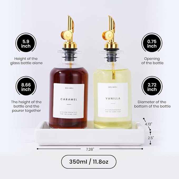Molimoli Olive Oil Dispenser Bottle for Kitchen, Coffee Syrup Dispenser w. Weighted Pourer, Glass Bottle Dispenser for Kitchen with Ceramic Tray | Gold, 350ml, Set of 2 - Image 5