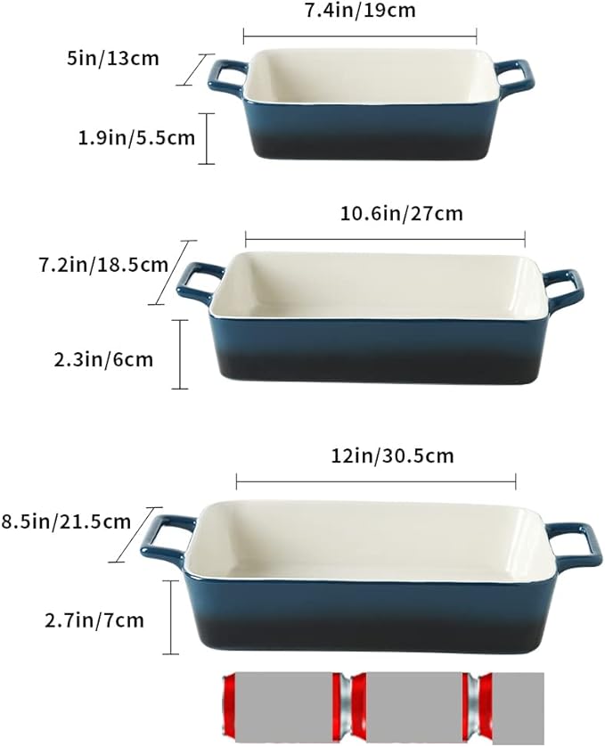 KOOV Bakeware Set, Ceramic Baking Dish, Rectangular Baking Pans Set, Casserole Dish for Cooking, Cake Dinner, Kitchen, Wrapping Upgrade, 12 x 8.5 Inches, 3-Piece (Gradient Blue) - Image 3